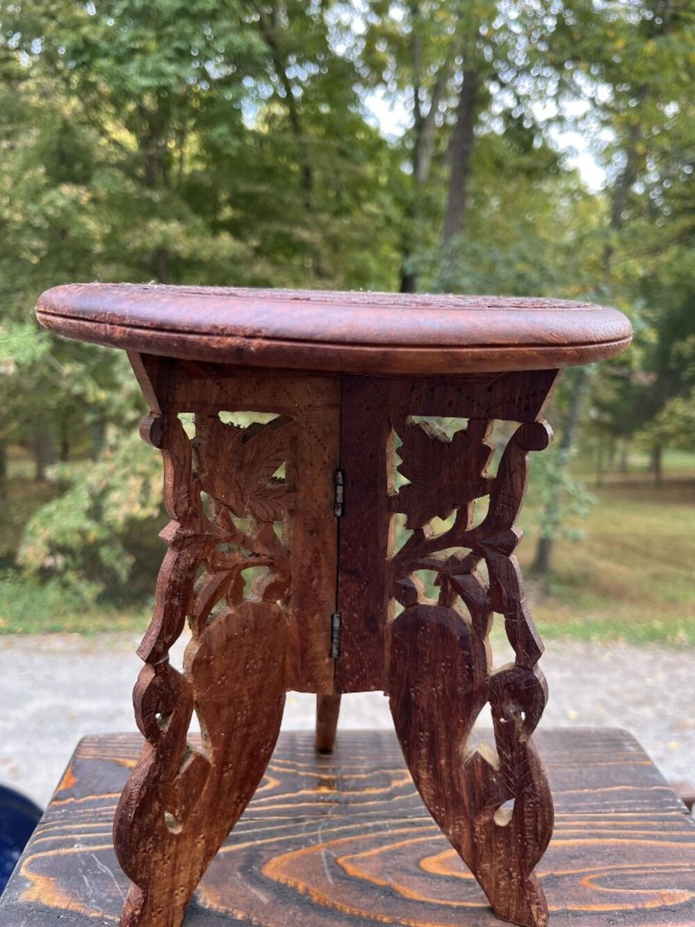 Hand Carved Inlaid Wood 2 Piece Ornate Table/Plant Stand 9.5"